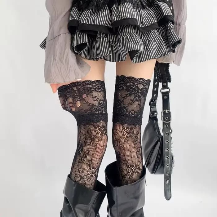 Bas résille Sexy en dentelle florale pour femmes, Costumes JK Lolita, chaussettes hautes, maille en