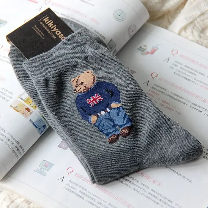 Chaussettes en coton mi-mollet ours de dessin animé pour femmes