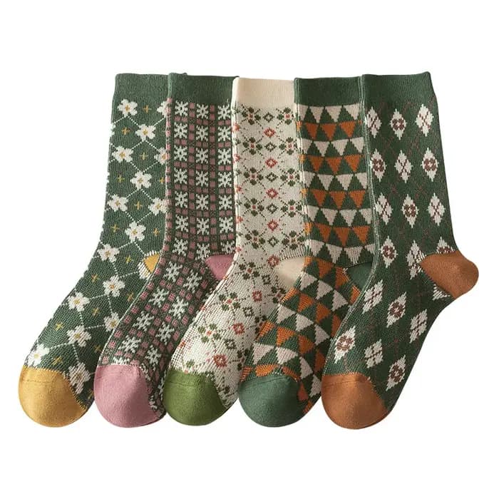 5 paires de chaussettes mi-mollet pour femmes avec imprimé automne hiver longues