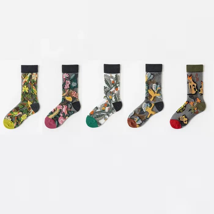 5 paires/ensemble France Hipster Design verre soie fleur oiseau drôle chaussettes femmes Transparent Art cheville
