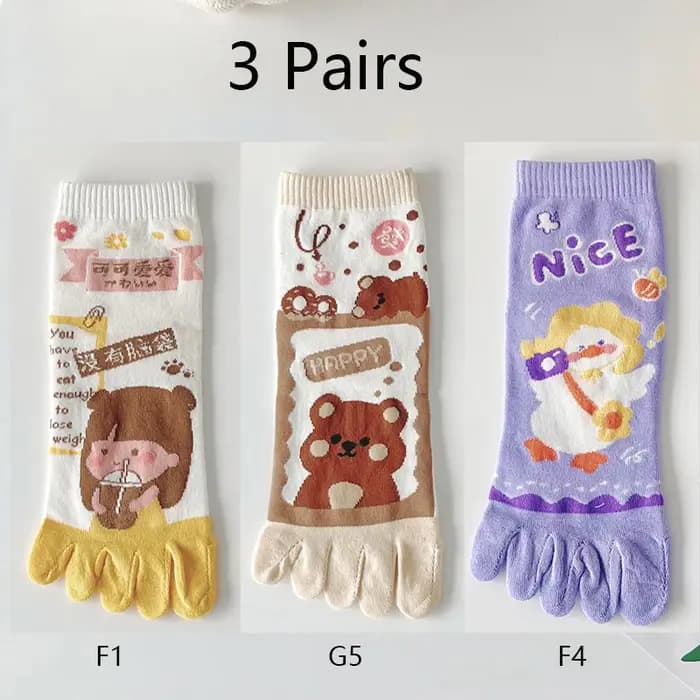 3 paires de chaussettes à cinq doigts pour femmes, chaussettes mi-tube en coton, chaussettes de sport mignonnes à motif de dessin animé avec doigts séparés