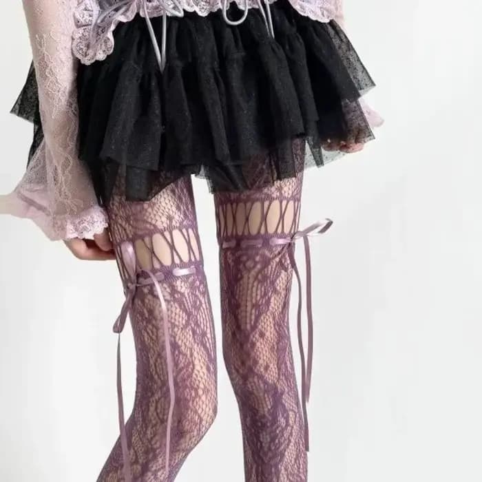 Nouveau design Collants beiges sexy pour femme, résille transparente, style JK, avec nœud et dentelle