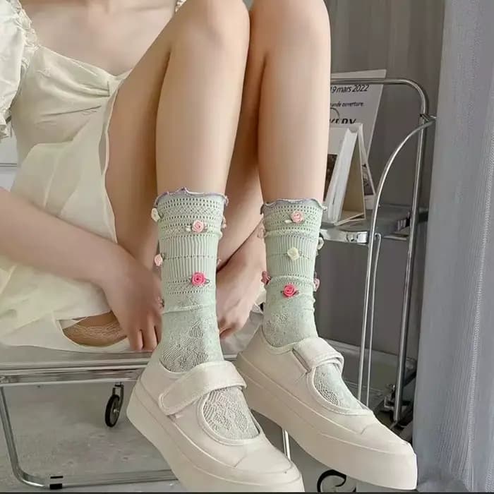 Chaussettes d'été fines pour femmes, élégantes, style français, motif rose, mi-mollet, respirantes, absorbant la transpiration, pour filles