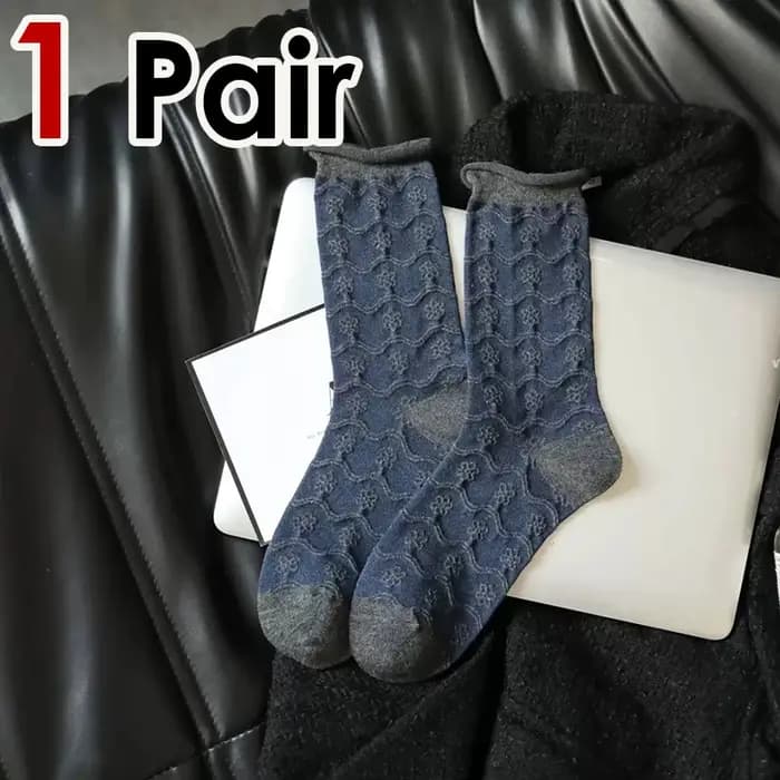 1/5 paires bleu marine rétro femmes mi Tube chaussettes à la mode Texture classique bords roulés pour toutes les