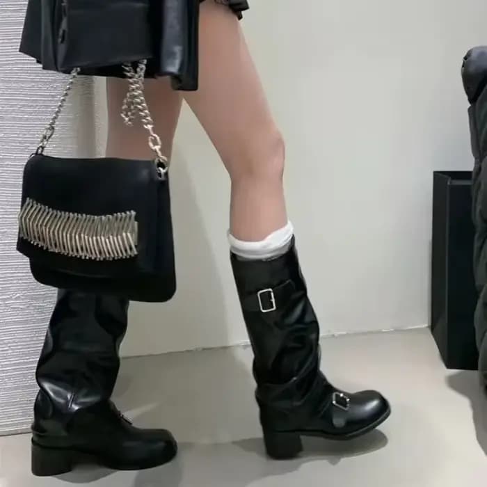 Femme bottes genou haute plate-forme talons épais tendance Punk gothique New Rock cuir mode chaussures pour femmes chaussures de moto Q221