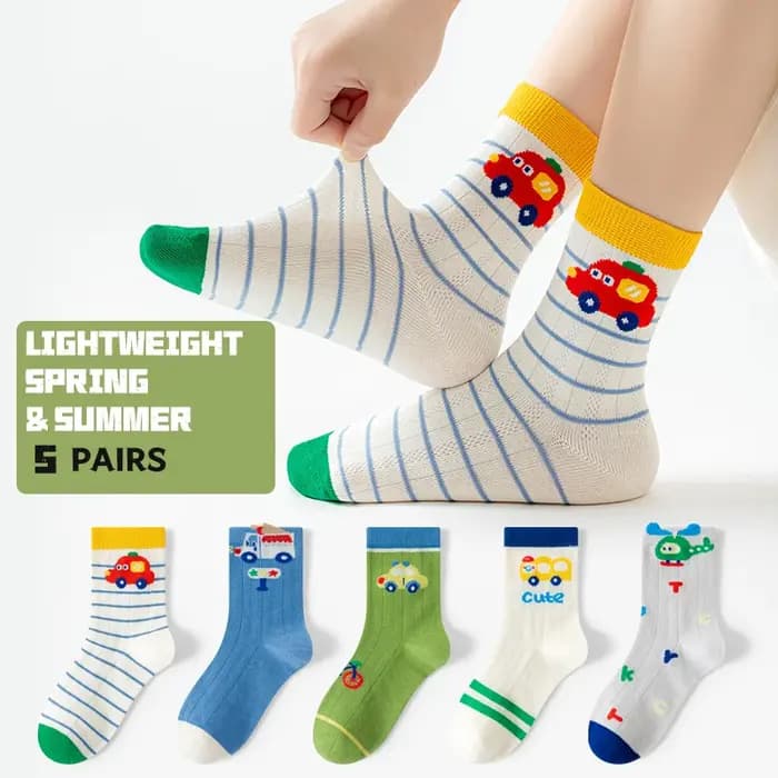 5 paires de chaussettes mi-mollet colorées à motif de voiture pour enfants