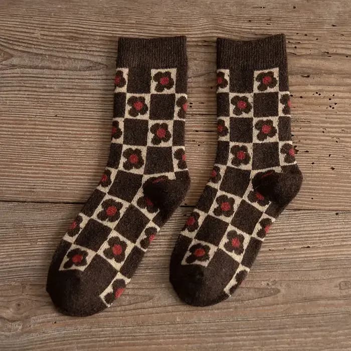 Chaussettes chaudes en laine épaisse, chaussettes tubulaires décontractées, automne et hiver, chaudes et confortables, en coton, damier, champignon, mignonnes