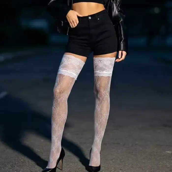 Bas gris romantiques français, chaussettes noires en dentelle au-dessus du genou, lingerie sexy, bas amincissants blancs pour femmes et petites amies