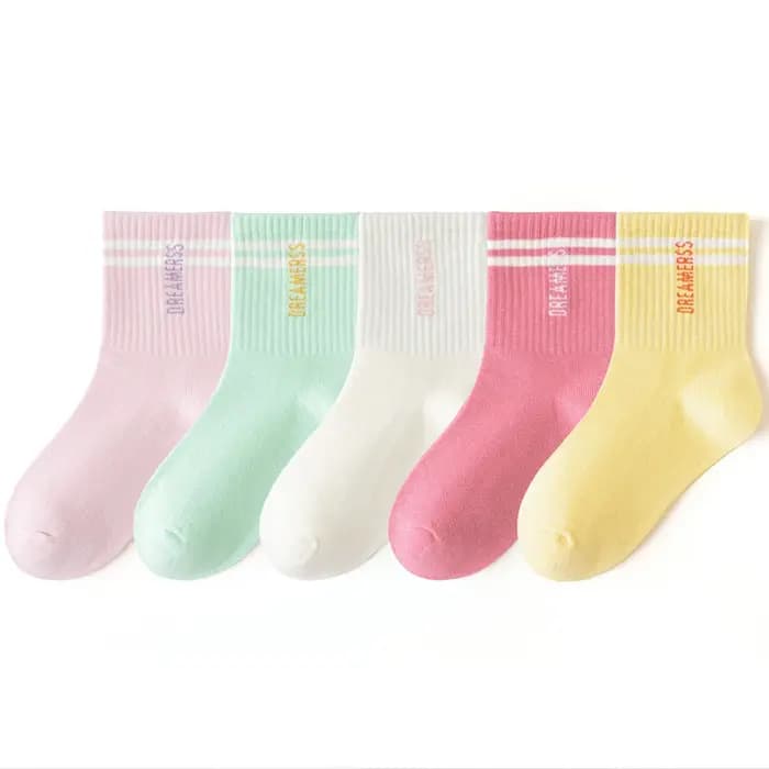5 paires de chaussettes pour filles, chaussettes mi-mollet sportives et respirantes, avec double barre et lettres, chaussettes colorées pour enfants et étudiants