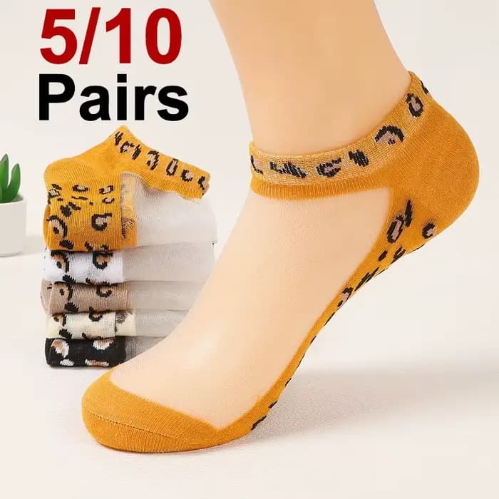 5/10 paires femmes imprimé léopard chaussettes courtes printemps été conception mince absorbant la sueur respirant doux confortable chaussettes décontractées 
