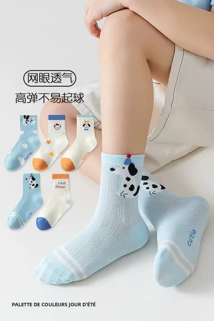5 paires de chaussettes mi-mollet bleues anti-odeur pour garçons, printemps-été, en coton fin, motif chien mignon, chaussettes de sport, style scolaire