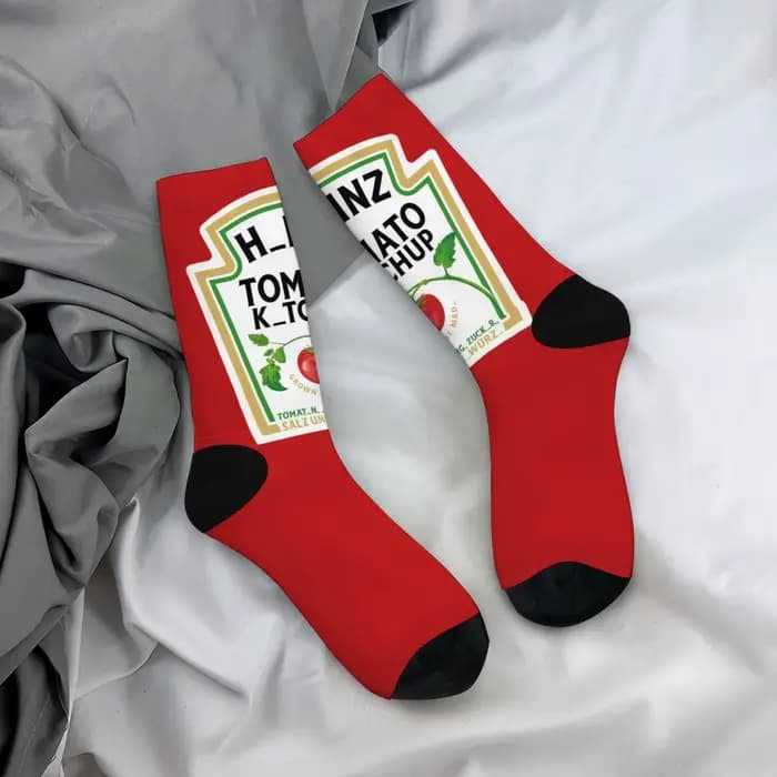 Chaussettes mi-mollet à motif tomate, étiquette de ketchup drôle imprimée, chaussettes unisexes, pro