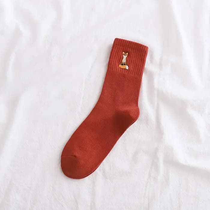 Fox femmes chaussettes coton chaussette pour filles beau motif de broderie couleur unie jaune rouge noir blanc vert décontracté Style d'équipage