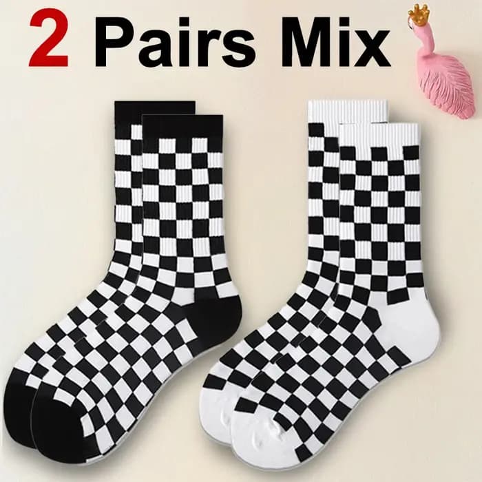2 paires de chaussettes à motifs en damier pour femmes, Design à la mode, douces, confortables, absorbant la sueur, respirantes, décontractées pour Couple