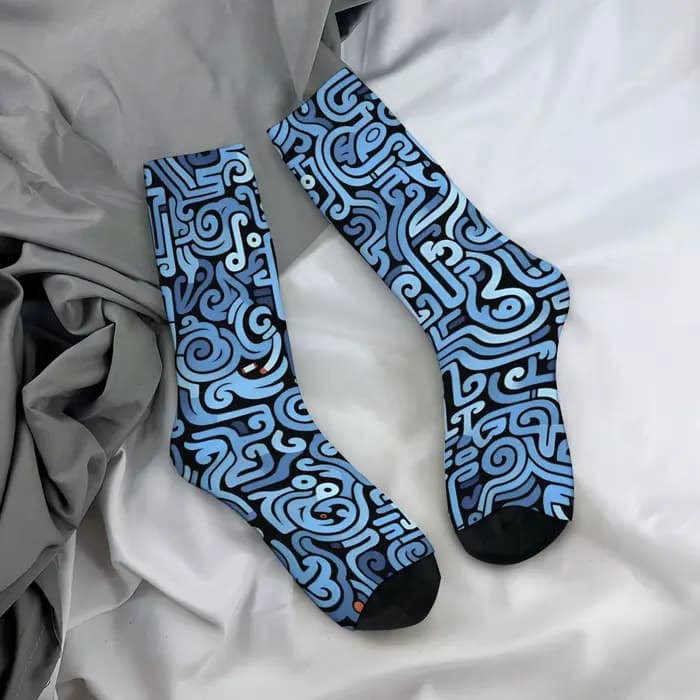 Chaussettes mi-mollet à lignes abstraites bleues et noires, style psychédélique Deep Sea, chaussette