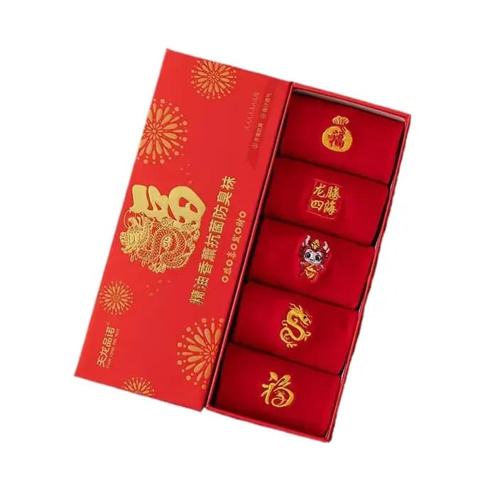 5 paires de coffret cadeau brodé chaussettes rouges hommes et femmes même Style année du zodiaque chaussettes mi-mollet