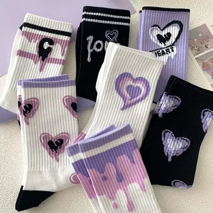 Kawaii Love Print Middle Tube Chaussettes pour femmes, Chaussettes violettes pour femmes, High Beauty, Fried Street, Harajuku Medias, Printemps, Été