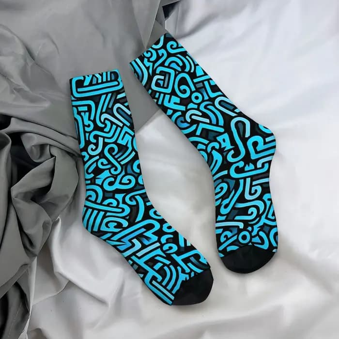 Chaussettes mi-mollet pour hommes à imprimé lignes abstraites bleues et noires