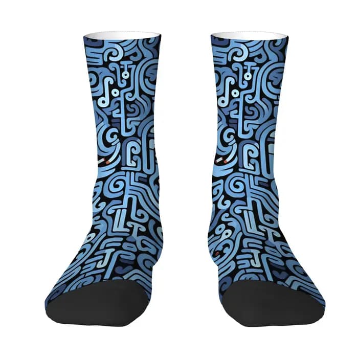 Chaussettes mi-mollet à lignes abstraites bleues et noires, style psychédélique Deep Sea, chaussettes tendance, confortables et respirantes pour les promenades sur la plage