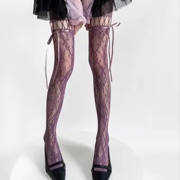 Nouveau design Collants beiges sexy pour femme, résille transparente, style JK, avec nœud et dentelle
