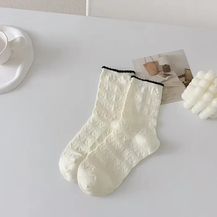 Chaussettes blanches respirantes à bord fleuri pour femmes, bas mi-tube, coton fin, confortables, monochromes, document, mode, printemps, été