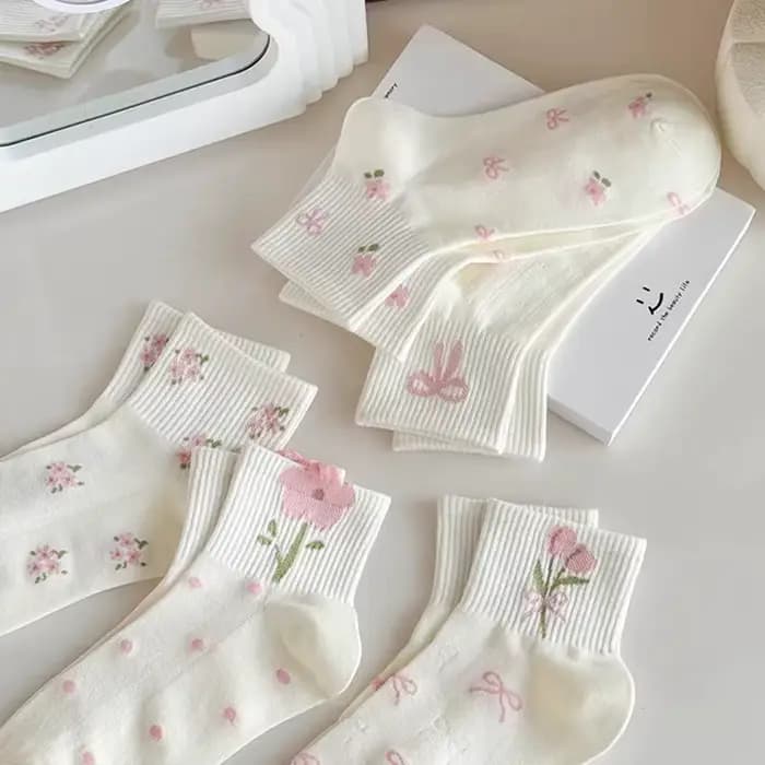 5 paires de chaussettes roses à nœud papillon et fleurs