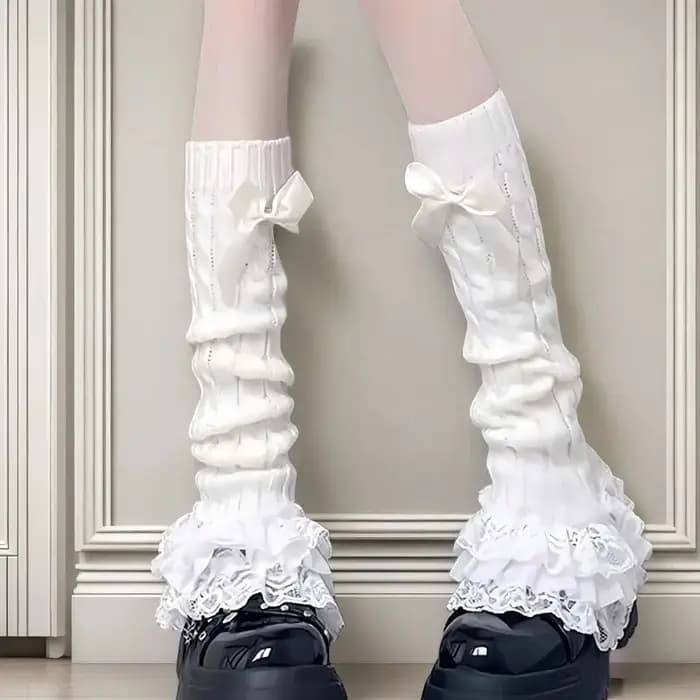Chaussettes tricotées japonaises pour femmes, avec nœud et volants, style Lolita, en dentelle, hauteur genou, côtelées, pour fête/cosplay anime