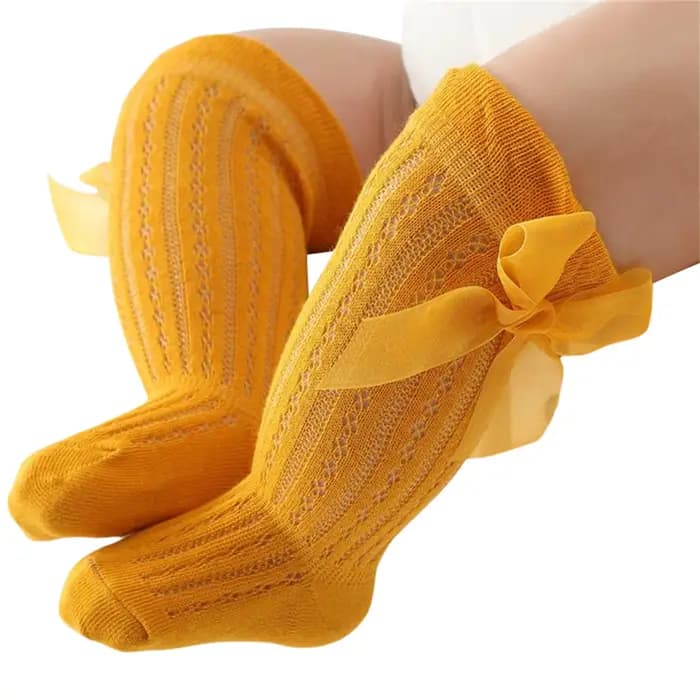Bas longs pour bébés filles de 0 à 24 mois, chaussettes princesse de couleur unie, mignonnes avec nœud papillon, respirantes, à bouche ample, au-dessus du genou