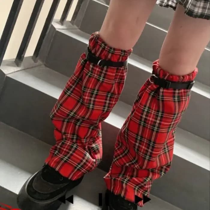 Jambières à carreaux rouges pour femmes, Style Y2K, Patch pour dames, Streetwear, mode, manches de pied, Harajuku, sangle en PU, chaussettes d'été coréennes 2025