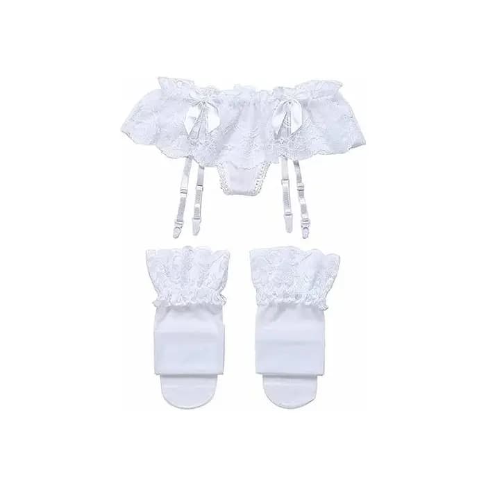 Ensemble porte-jarretelles et bas en dentelle pour femmes, culotte à bretelles en Jacquard, Mini jupe avec nœud en Satin, bonneterie en maille, Lingerie