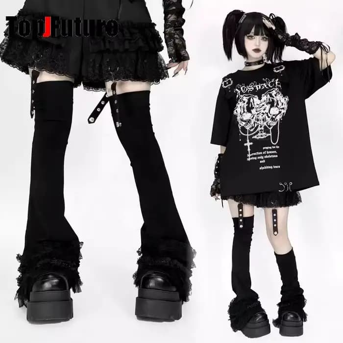 Femmes Y2k fille Patchwork dentelle à volants gothique Lolita sur genou haute chaussette Kawaii dentelle longues chaussettes couvre-pied Grunge Punk jambières