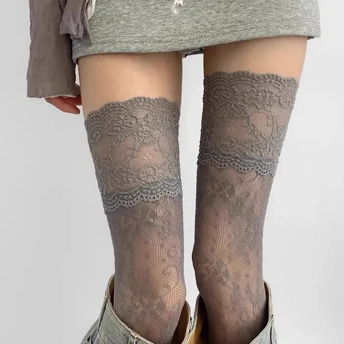 Chaussettes JK pour femmes, au-dessus du genou, sexy, en nylon, à dentelle, résille, motif floral rétro, respirantes, taille haute, longues