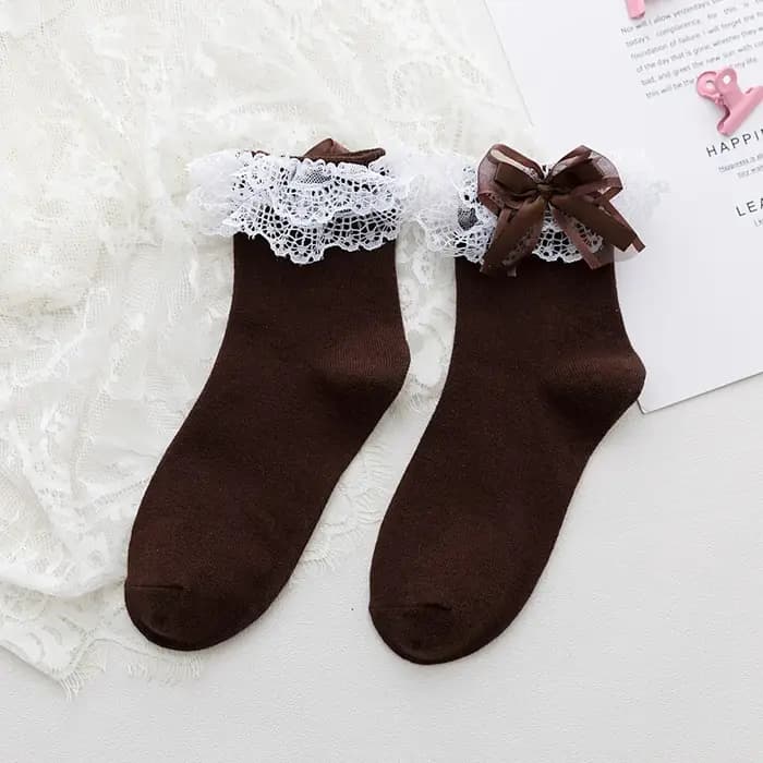 Lolita femmes Harajuku rétro dentelle chaussettes avec nœud cheville JK froufrous à volants coton princesse filles mariage danse blanc mignon Ballet