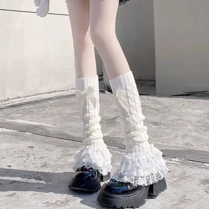 Chaussettes tricotées japonaises pour femmes, avec nœud et volants, style Lolita, en dentelle, hauteur genou, côtelées, pour fête/cosplay anime