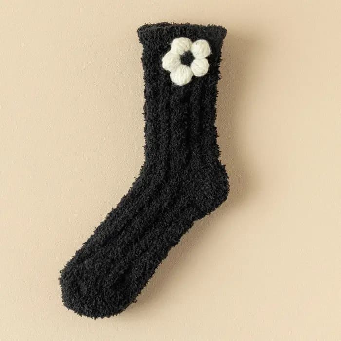 Chaussettes mi-tube en velours pour femmes, chaussettes d'optique mignonnes, chaussettes de couchage pour la maison, nœud de fleur chaud, noir et blanc, lieux d'automne et d'hiver