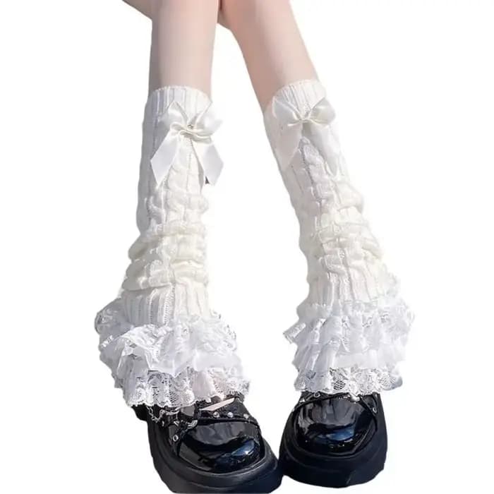 Femmes japonaises tricoté jambières arc à plusieurs niveaux chaussettes à volants fille dentelle Lolita