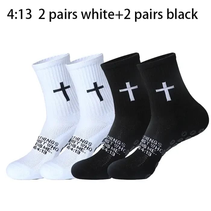 4 paires de chaussettes chrétiennes, chaussettes de prière, chaussettes Jésus, chaussettes de football à motif croix - Chaussettes de sport antidérapantes avec inscription biblique