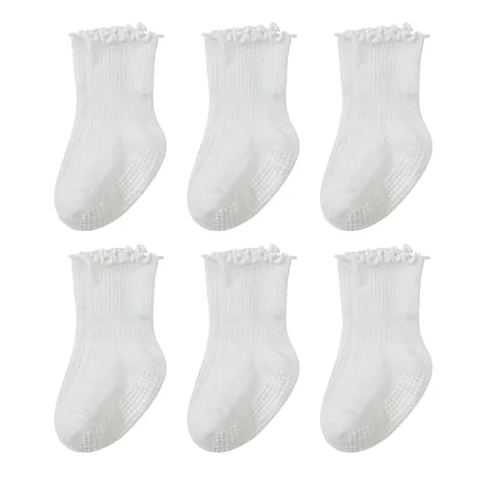 6 paires de chaussettes de marche antidérapantes blanches pour bébé, avec bordure à motif grain de bois, adaptées à l'usage quotidien des enfants