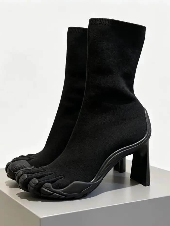 Bottes chaussettes en maille extensible pour femme, noires, à talon bloc haut, avec motif unique de bande de roulement et bout fendu, style streetwear, soirée et club