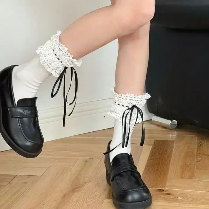 Lolita – chaussettes hautes en coton avec nœud en dentelle douce