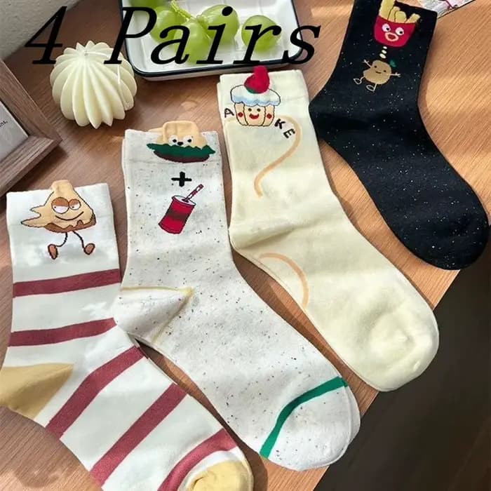 Chaussettes confortables à tube moyen pour femmes, chaussettes Kawai frites hamburger, bas drôles à