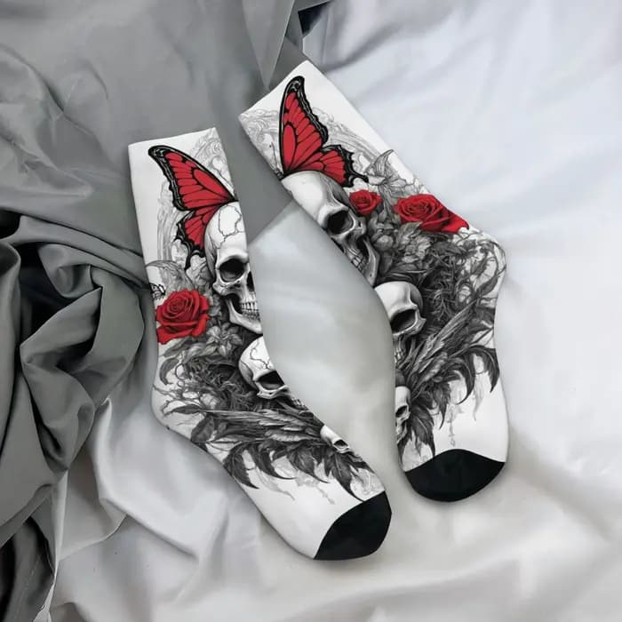 Chaussettes pour hommes avec illustration de crâne gothique sombre, chaussettes de sport amusantes, élastiques, respirantes, antidérapantes, décontractées, cadeaux de fête