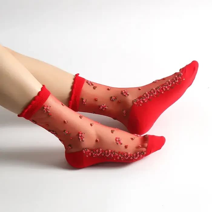 InjSocks-Chaussettes en cristal transparent ultra-mince pour femmes, Chaussettes en verre d'été, Chaussettes d'astronomie en coton, Broderie florale, Rétro Harajuku