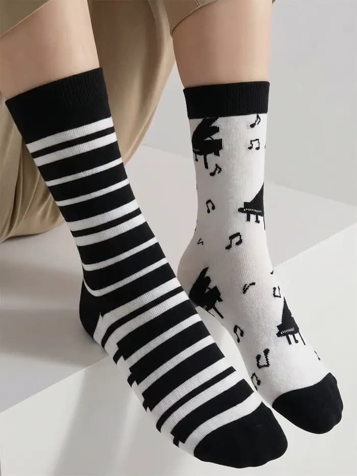 Chaussettes en coton amusantes à rayures contrastées pour hommes, motif piano, noir et blanc, cadeau original pour les amateurs de musique, streetwear