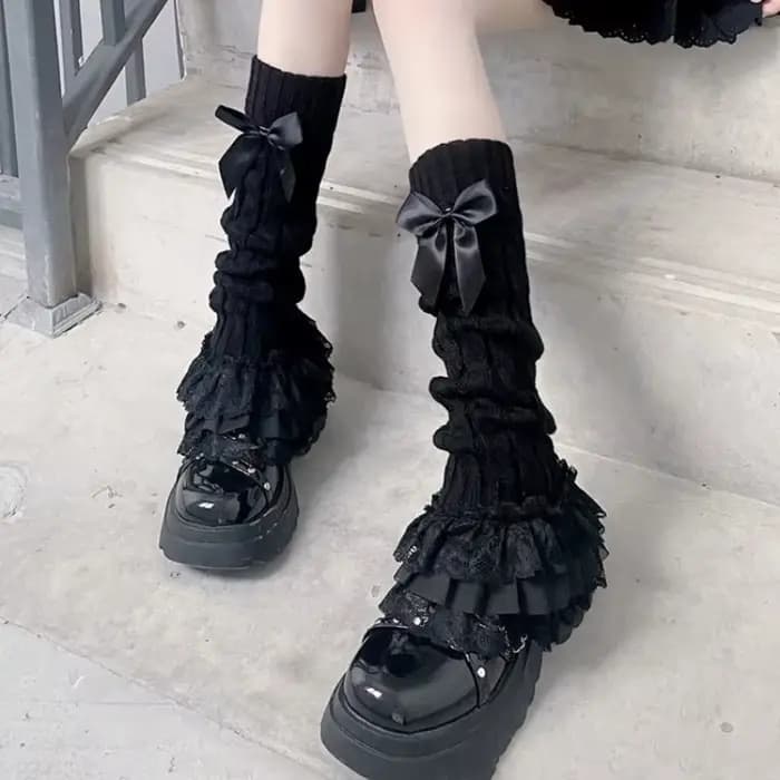 Chaussettes tricotées japonaises pour femmes, avec nœud et volants, style Lolita, en dentelle, hauteur genou, côtelées, pour fête/cosplay anime