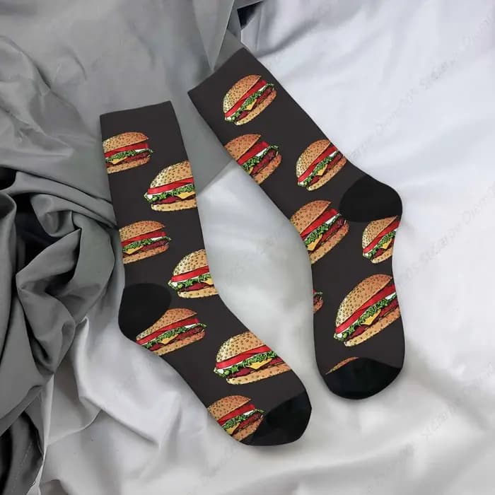 Chaussettes drôles à motif de hamburger pour hommes et femmes, chaussettes d'équipage décontractées, conception de documents d'abonnés, cadeau fantaisie, cuisine américaine