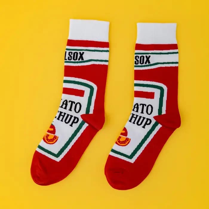 1 paire de chaussettes pour hommes sur le thème de la nourriture drôle-chaussettes mi-mollet imprimées du paquet Ketchup