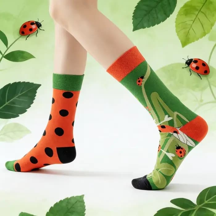 1 paire de chaussettes asymétriques mi-mollet coccinelle jardin-chaussettes de couleur contrastée imprimées d'insectes mignonnes