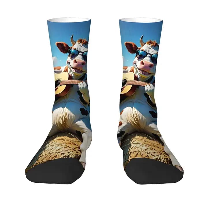 Chaussettes fantaisie drôles avec visage de vache, avec guitare, longueur mi-mollet, confortables, décontractées et à thème, Style rétro et ludique pour les fêtes