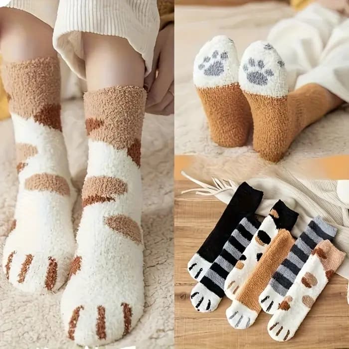 Chaussettes mi-mollet en molleton de corail pour femmes, épaisses, flocées, mignonnes, chat de dessin animé, longues, chaussures chaudes et confortables